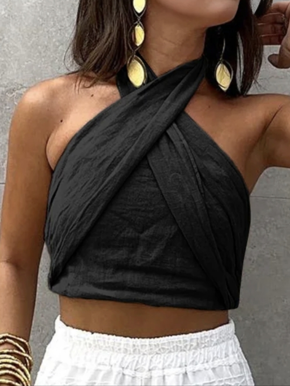 Commense Cotton Linen Criss Cross Halter Top Black S NWT